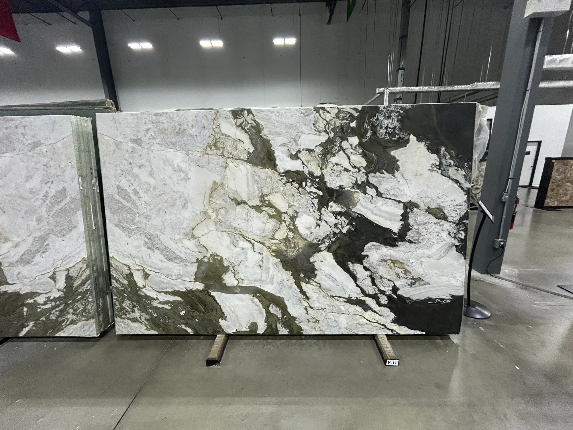Whole stone slab photographed in the slab yard before fabrication, Dallas Countertop selection 01