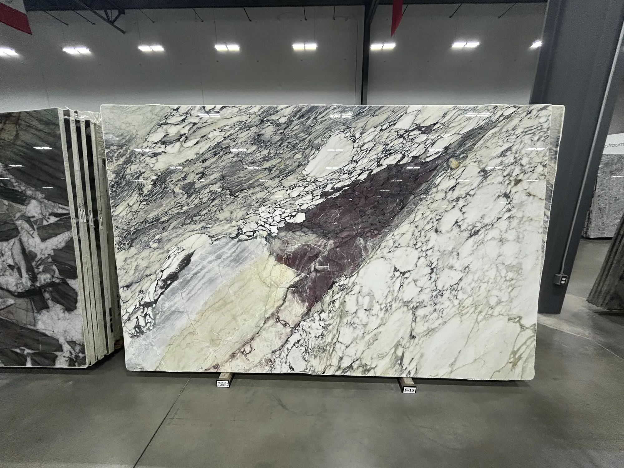 Whole stone slab photographed in the slab yard before fabrication, Dallas Countertop selection 02