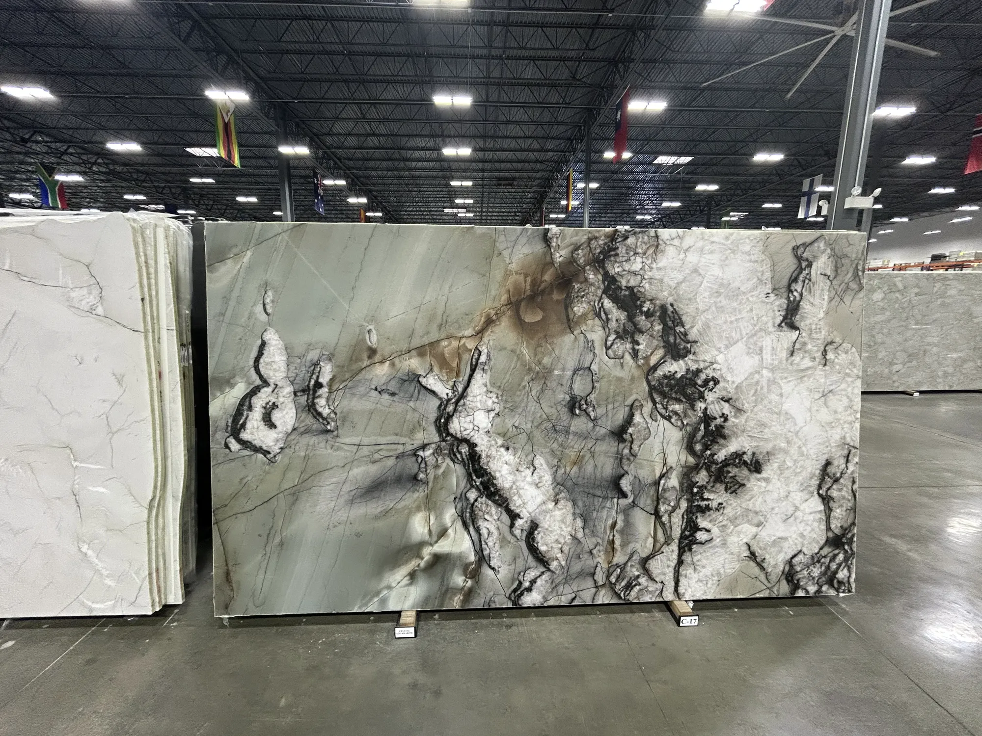 Whole stone slab photographed in the slab yard before fabrication, Dallas Countertop selection 03
