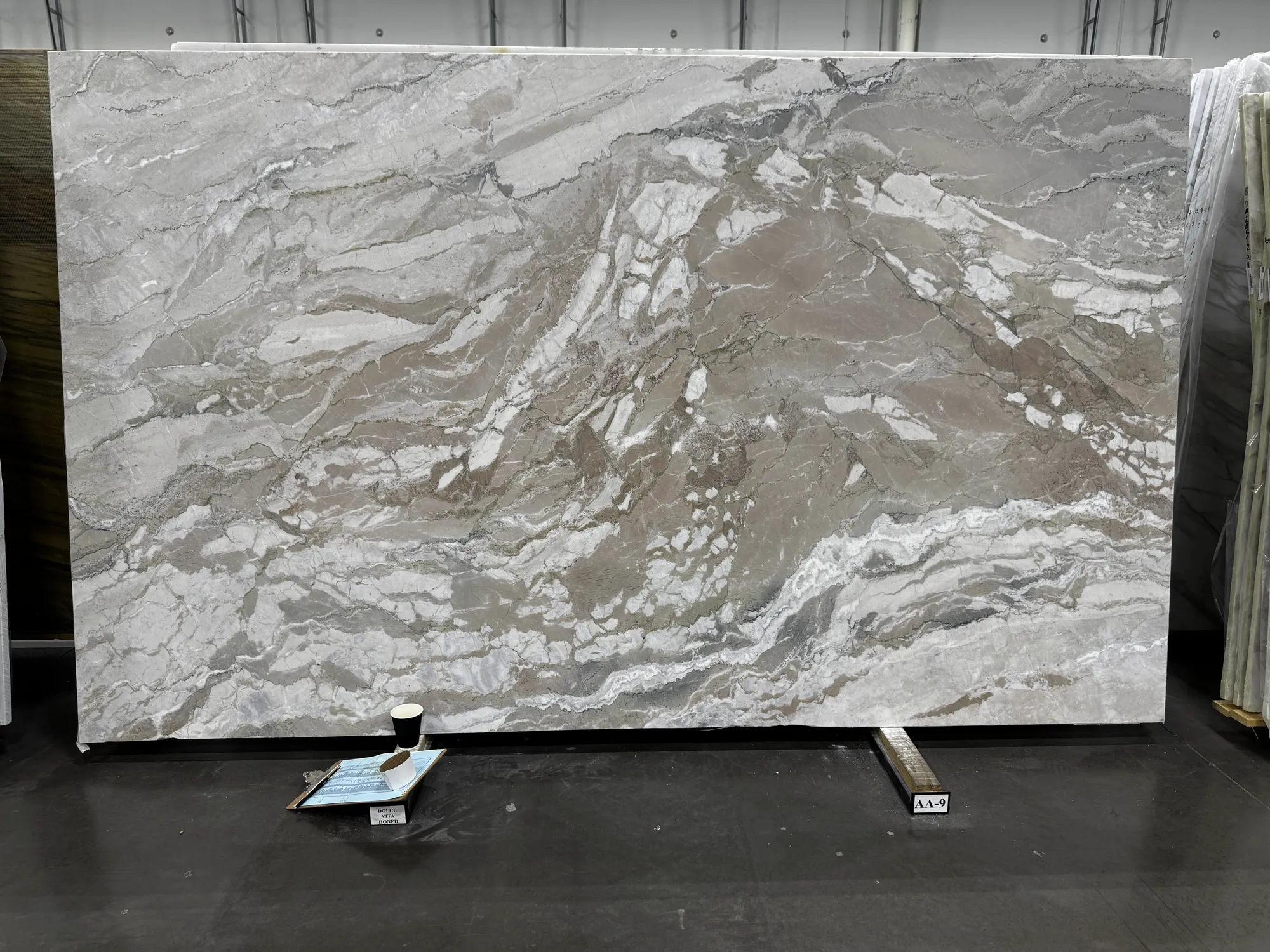 Whole stone slab photographed in the slab yard before fabrication, Dallas Countertop selection 09