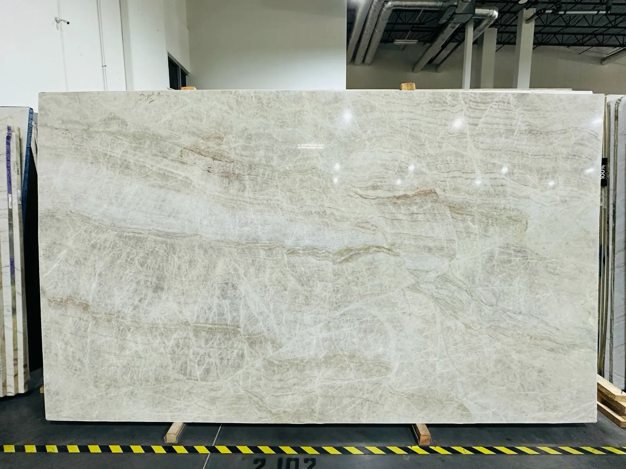 Whole stone slab photographed in the slab yard before fabrication, Dallas Countertop selection 10