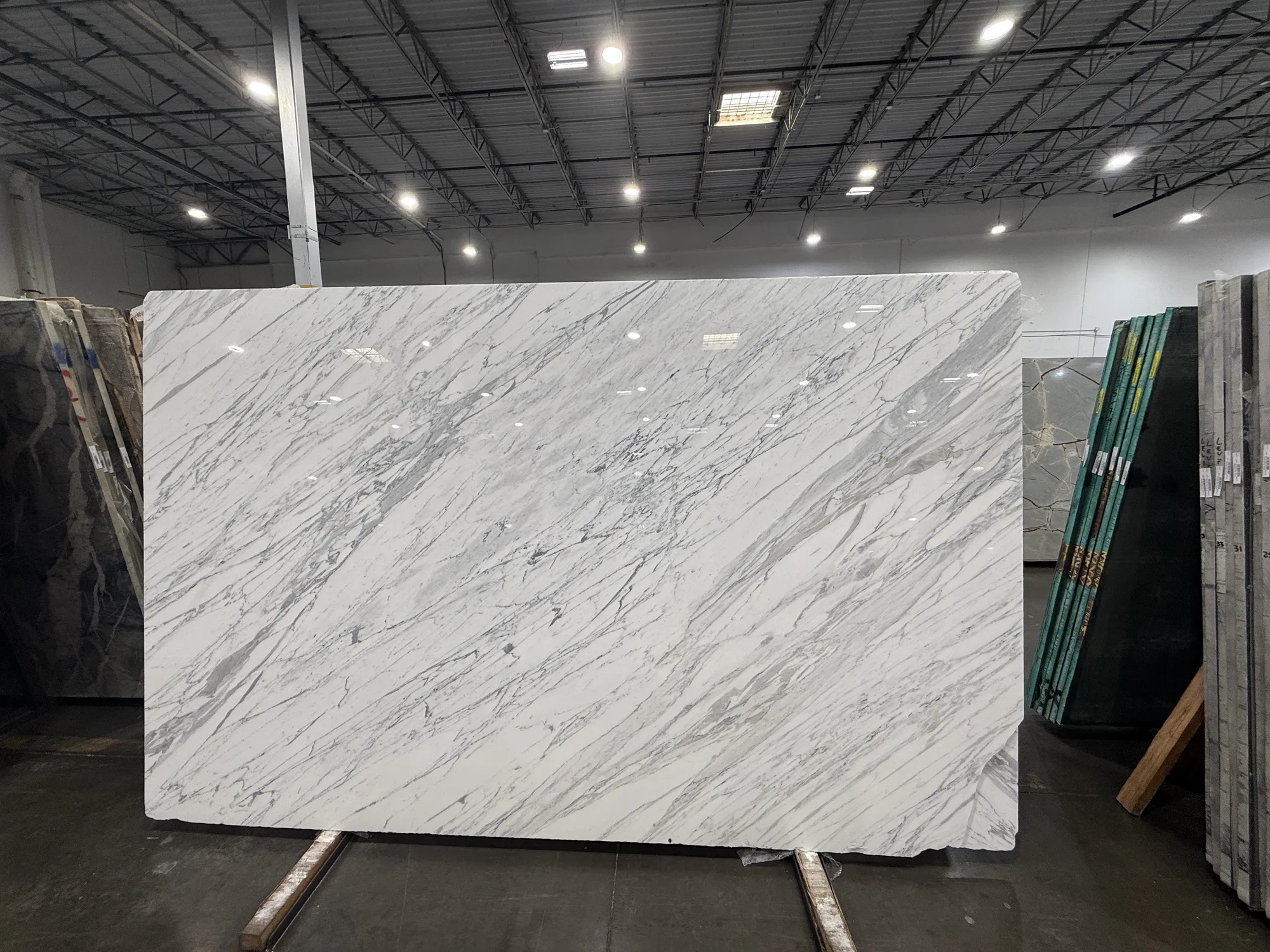 Whole stone slab photographed in the slab yard before fabrication, Dallas Countertop selection 12