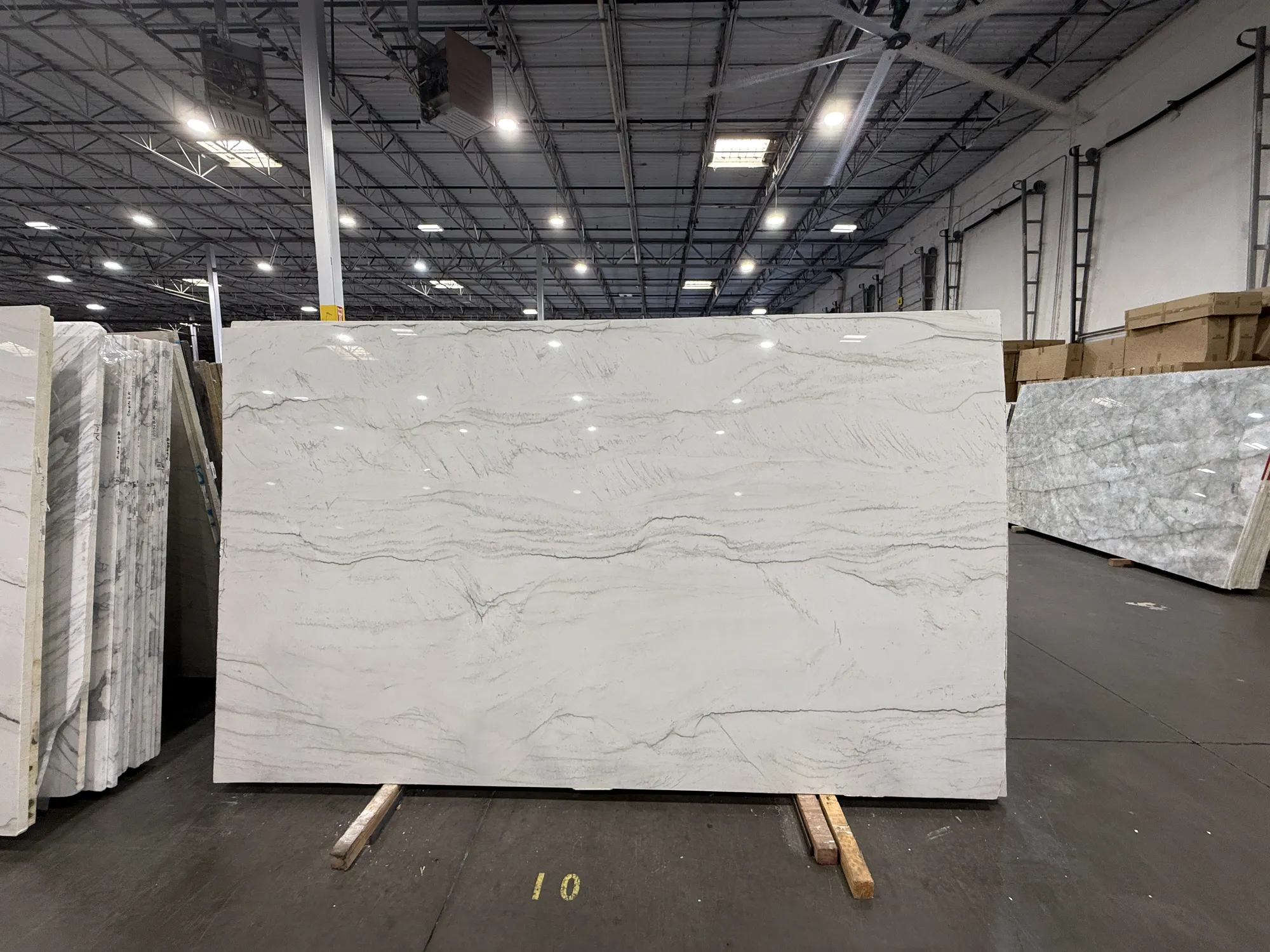 Whole stone slab photographed in the slab yard before fabrication, Dallas Countertop selection 13