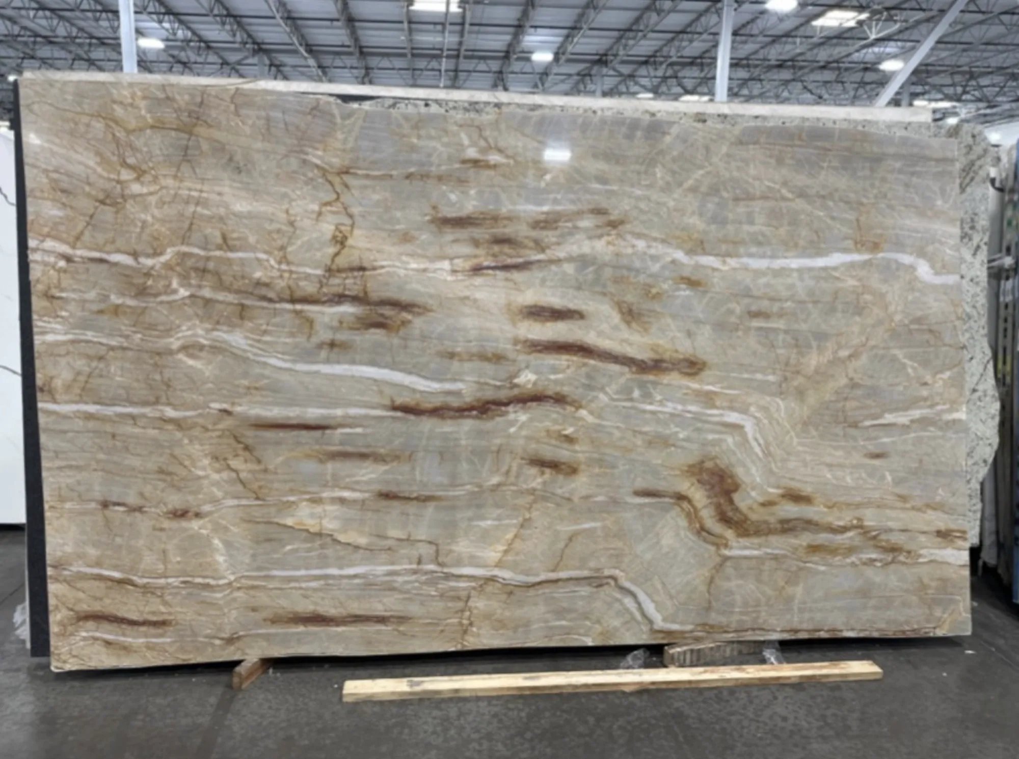 Whole stone slab photographed in the slab yard before fabrication, Dallas Countertop selection 14